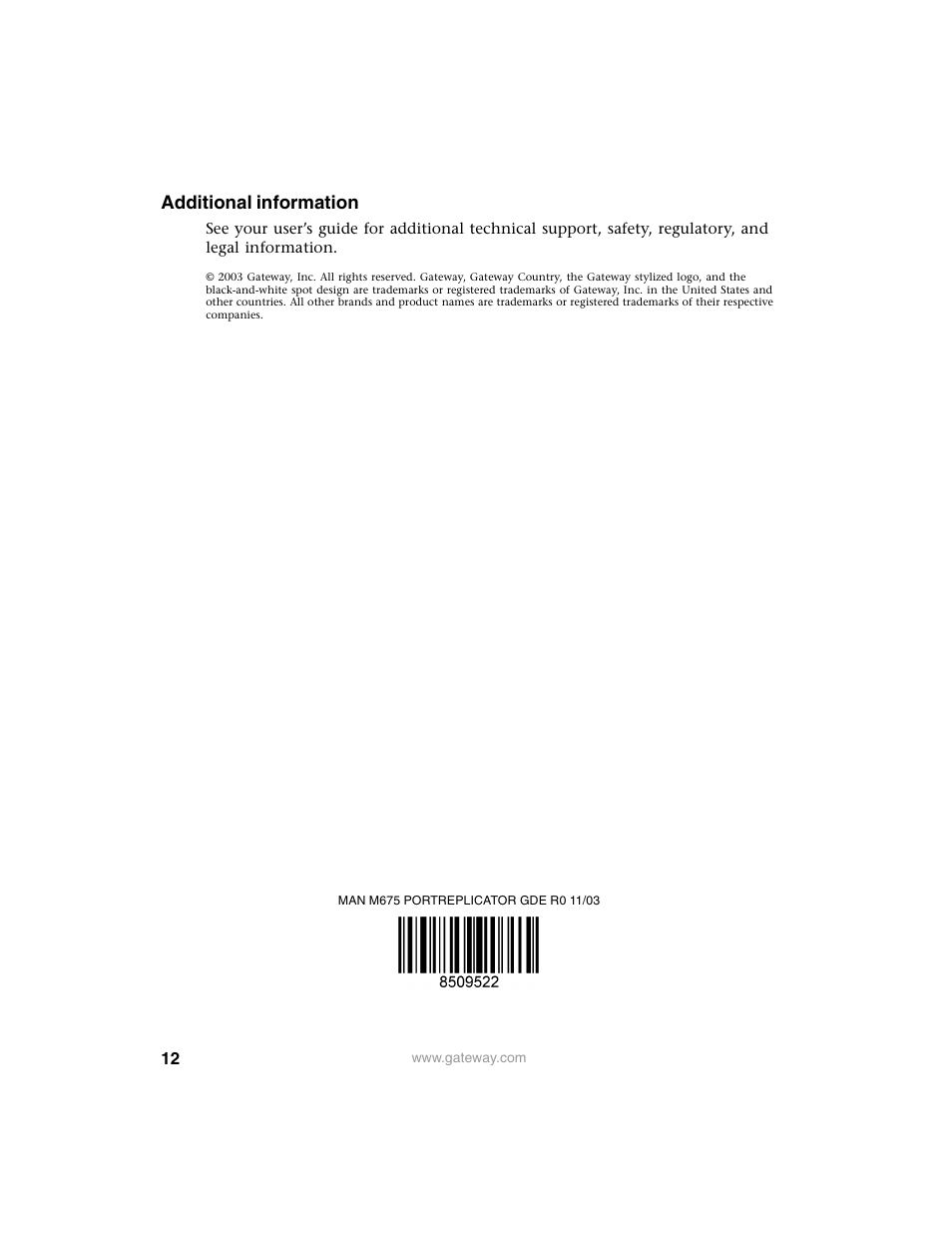 Additional information | Gateway PRMPH User Manual | Page 12 / 12