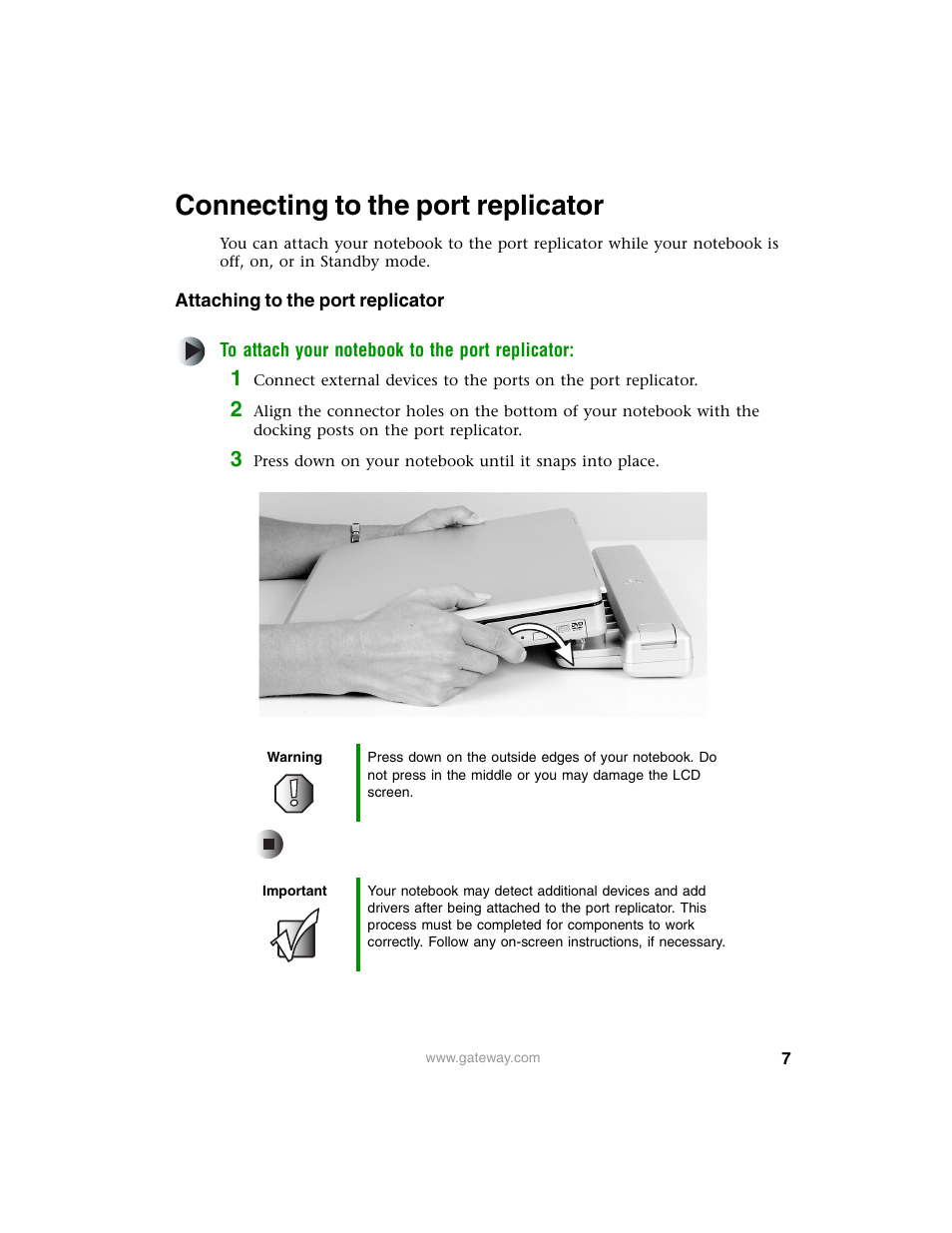 Connecting to the port replicator, Attaching to the port replicator | Gateway PRMPH User Manual | Page 7 / 12