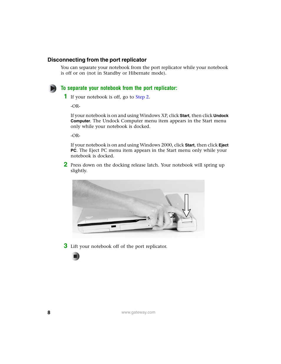 Disconnecting from the port replicator | Gateway PRMPH User Manual | Page 8 / 12