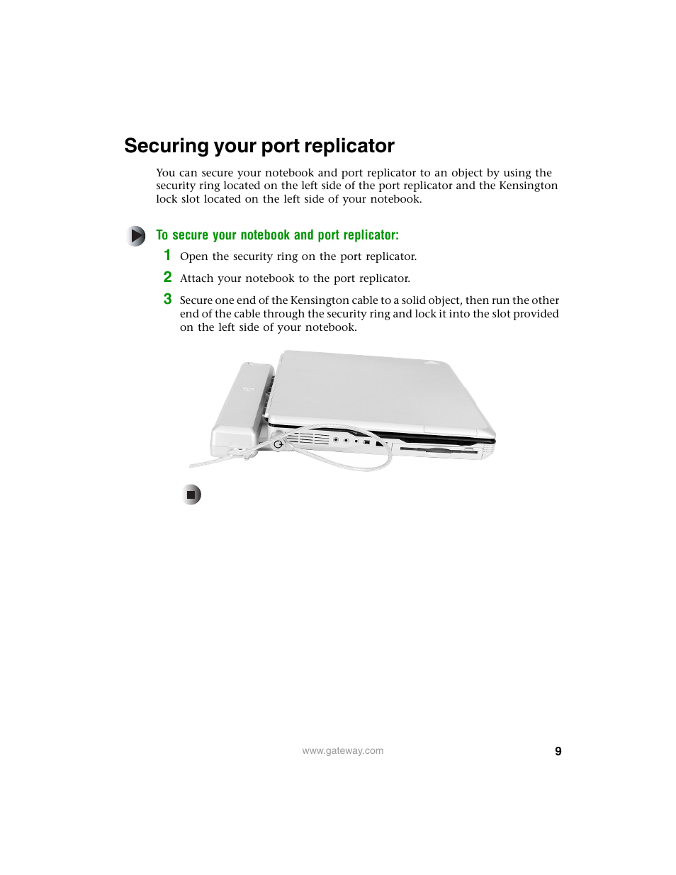 Securing your port replicator, Securing your port replicator” on | Gateway PRMPH User Manual | Page 9 / 12