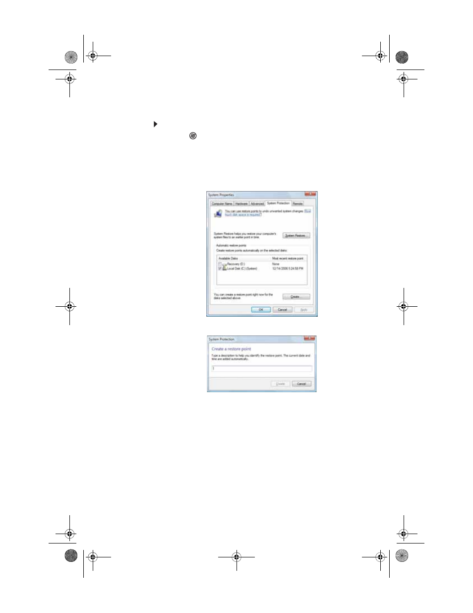 Manually creating a restore point, To manually create a restore point | Gateway SZSL95IN0XXXXXXXX User Manual | Page 106 / 132