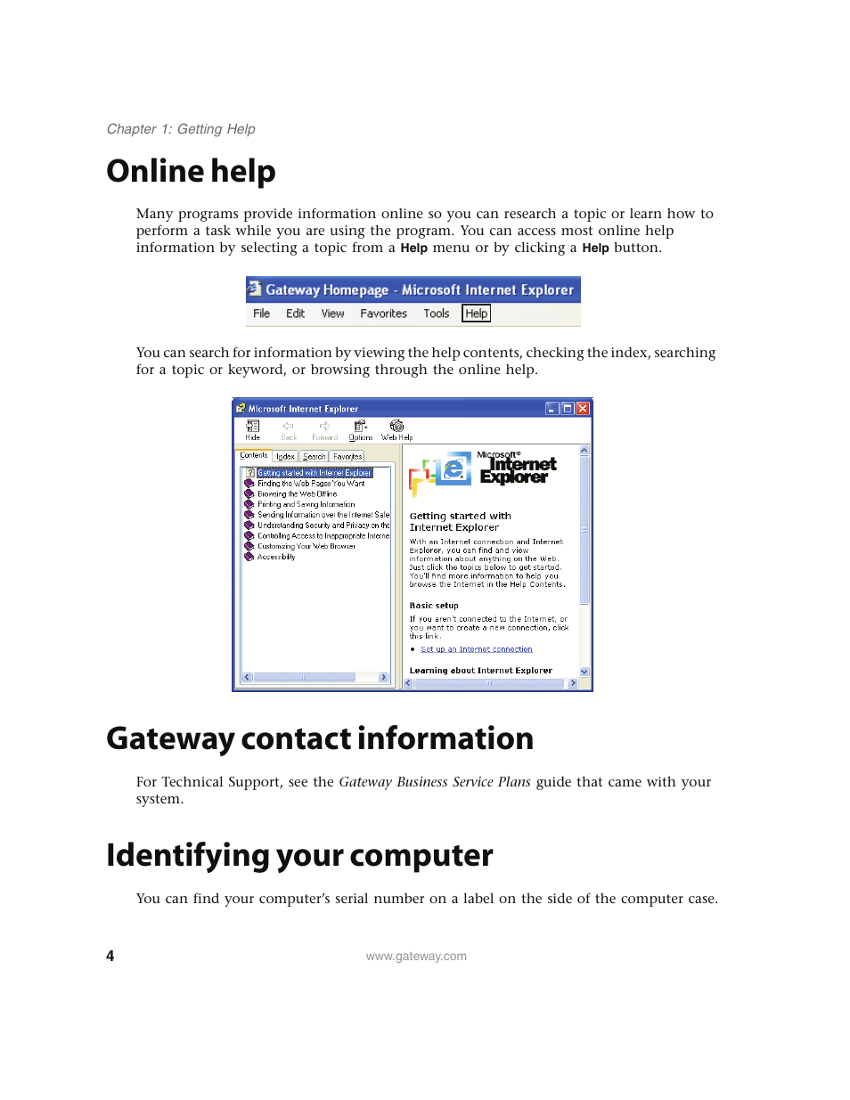 Online help, Gateway contact information, Identifying your computer | Gateway E4350 User Manual | Page 10 / 106