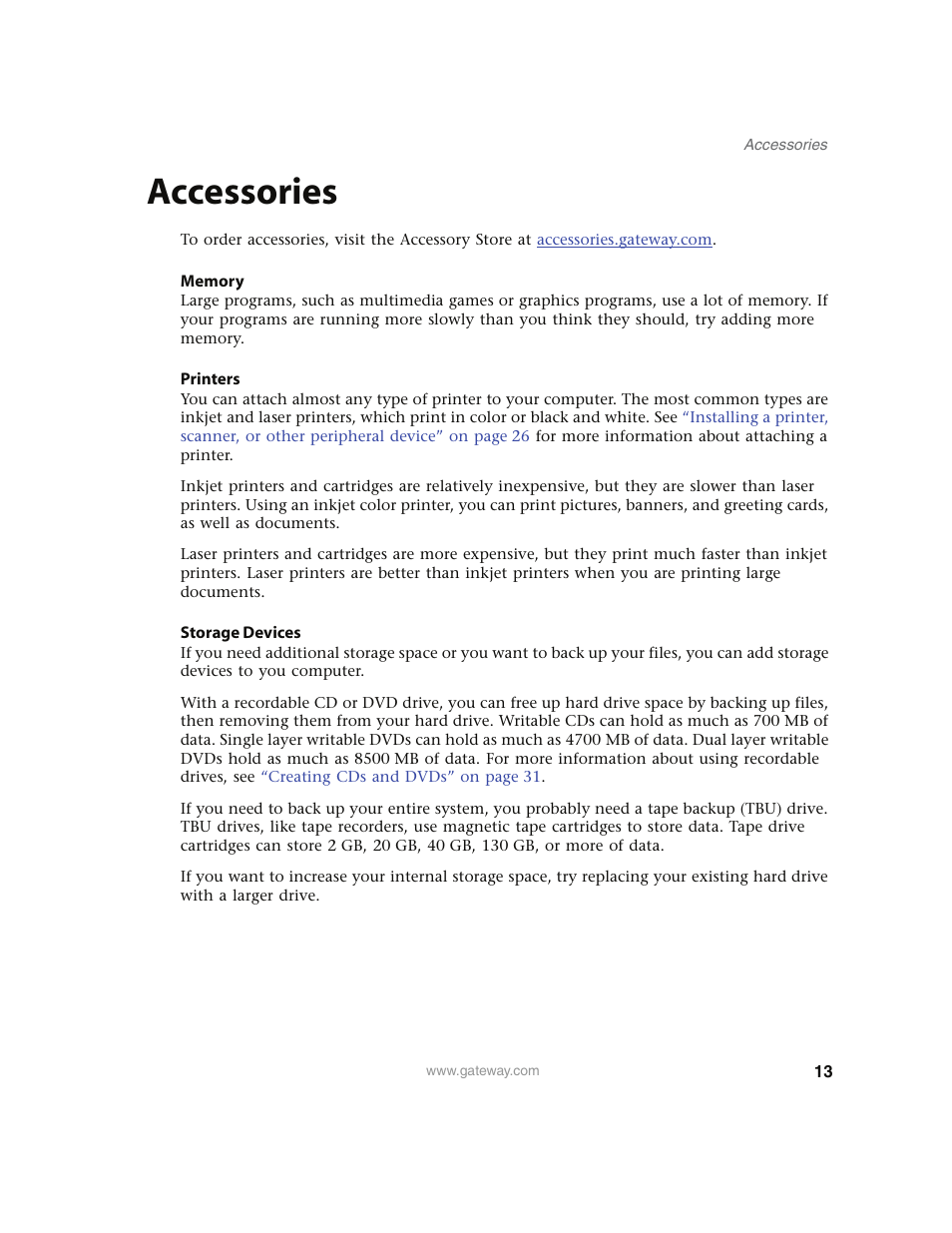 Accessories, Memory, Printers | Storage devices | Gateway E4350 User Manual | Page 19 / 106