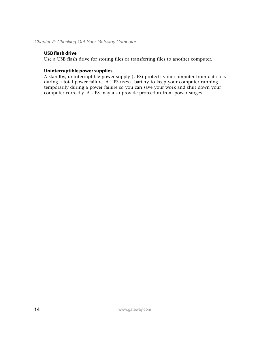 Usb flash drive, Uninterruptible power supplies | Gateway E4350 User Manual | Page 20 / 106