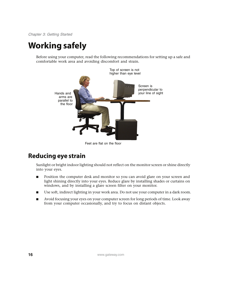 Working safely, Reducing eye strain | Gateway E4350 User Manual | Page 22 / 106