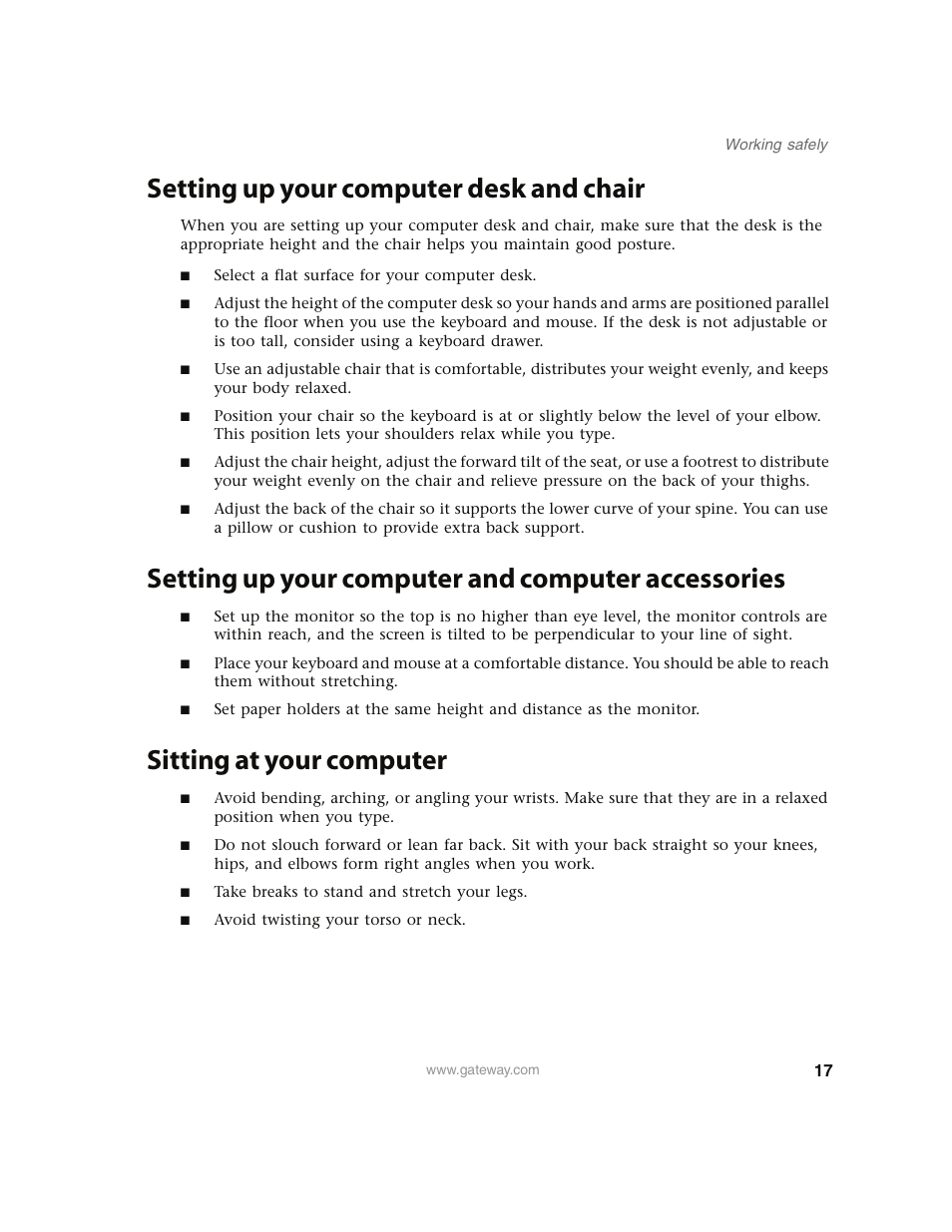 Setting up your computer desk and chair, Setting up your computer and computer accessories, Sitting at your computer | Gateway E4350 User Manual | Page 23 / 106