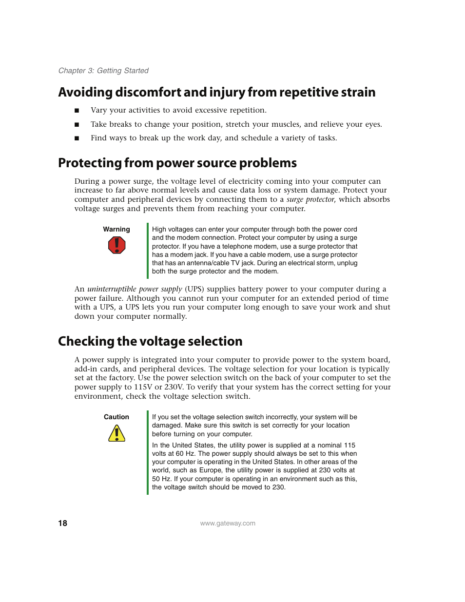 Protecting from power source problems, Checking the voltage selection | Gateway E4350 User Manual | Page 24 / 106