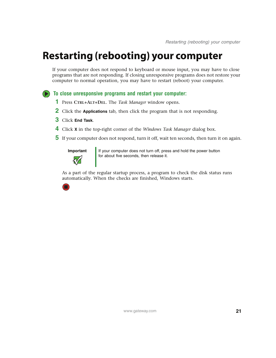 Restarting (rebooting) your computer | Gateway E4350 User Manual | Page 27 / 106
