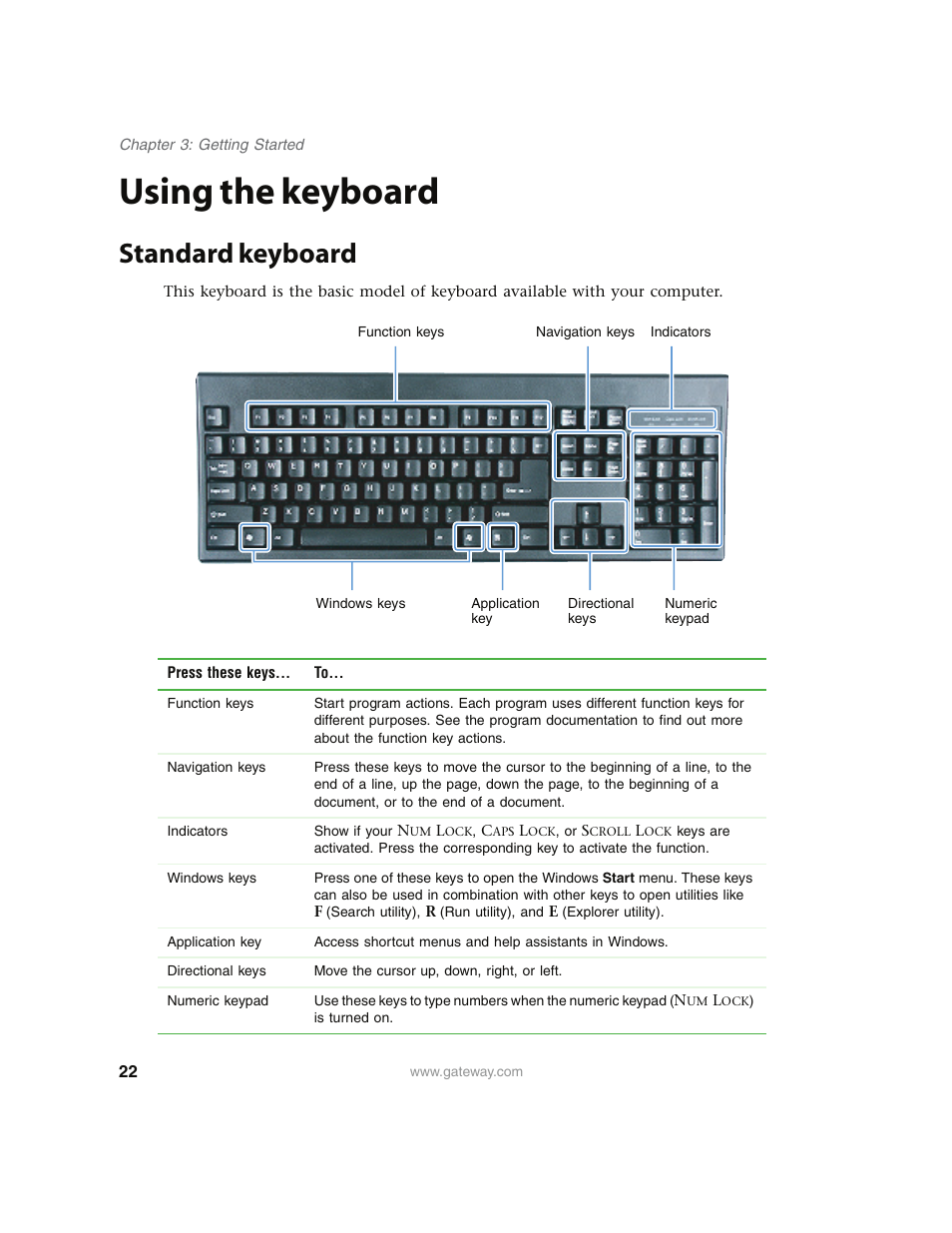 Using the keyboard, Standard keyboard | Gateway E4350 User Manual | Page 28 / 106