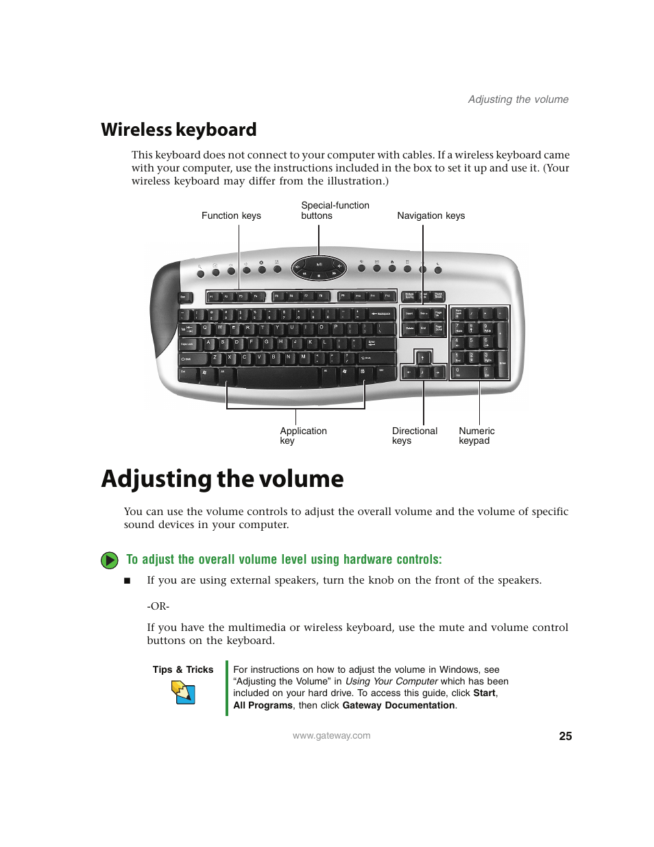 Wireless keyboard, Adjusting the volume | Gateway E4350 User Manual | Page 31 / 106