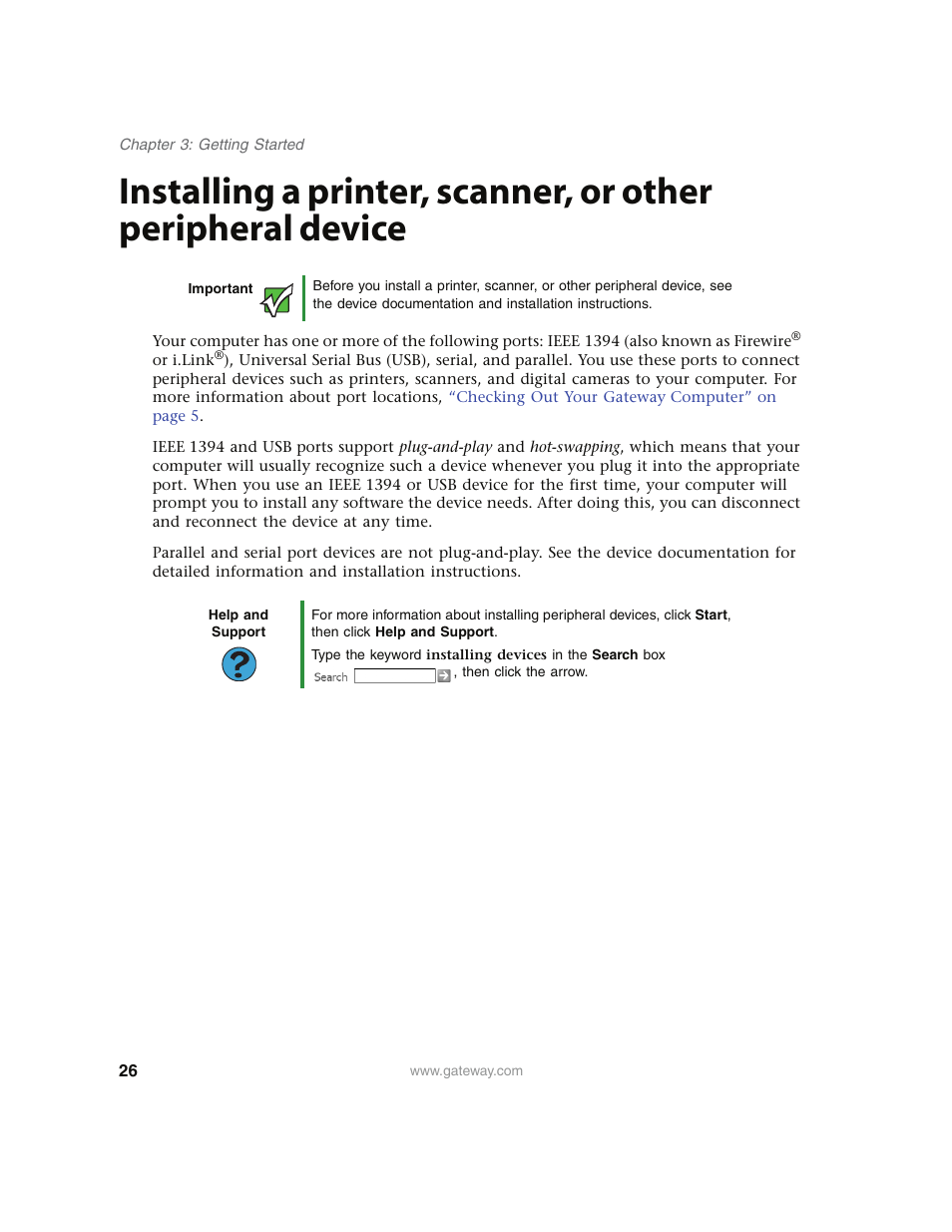 Installing a printer, scanner, or other, Installing a printer | Gateway E4350 User Manual | Page 32 / 106