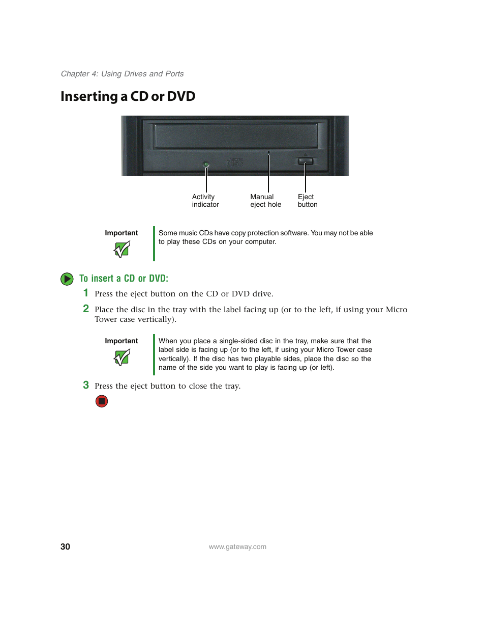 Inserting a cd or dvd, To insert a cd or dvd | Gateway E4350 User Manual | Page 36 / 106