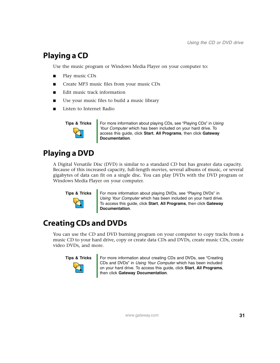 Playing a cd, Playing a dvd, Creating cds and dvds | Playing a cd playing a dvd creating cds and dvds | Gateway E4350 User Manual | Page 37 / 106