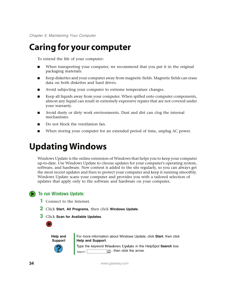 Caring for your computer, Updating windows, To run windows update | Caring for your computer updating windows | Gateway E4350 User Manual | Page 40 / 106