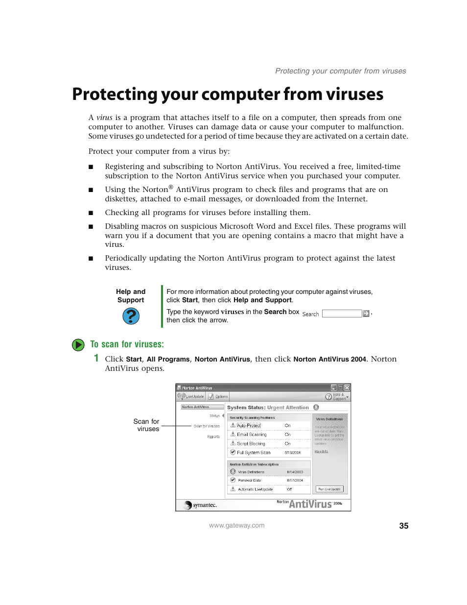 Protecting your computer from viruses, To scan for viruses | Gateway E4350 User Manual | Page 41 / 106