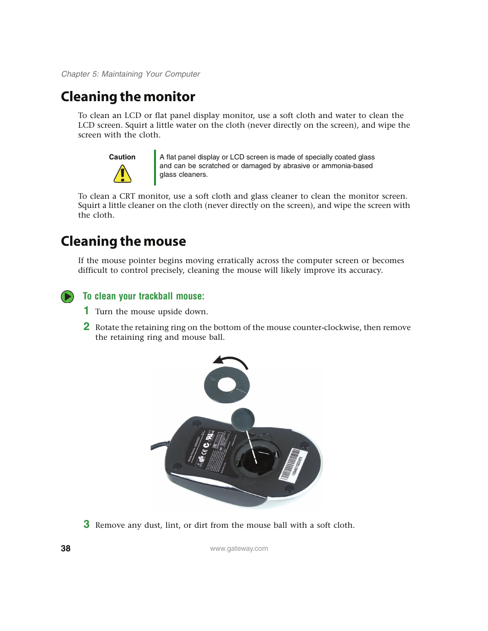 Cleaning the monitor, Cleaning the mouse, To clean your trackball mouse | Cleaning the monitor cleaning the mouse | Gateway E4350 User Manual | Page 44 / 106
