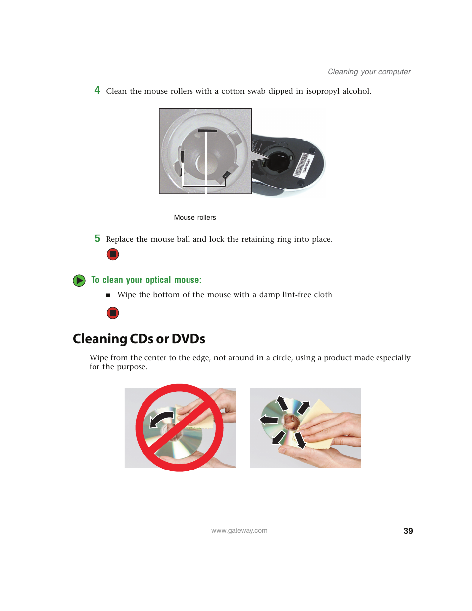 To clean your optical mouse, Cleaning cds or dvds | Gateway E4350 User Manual | Page 45 / 106