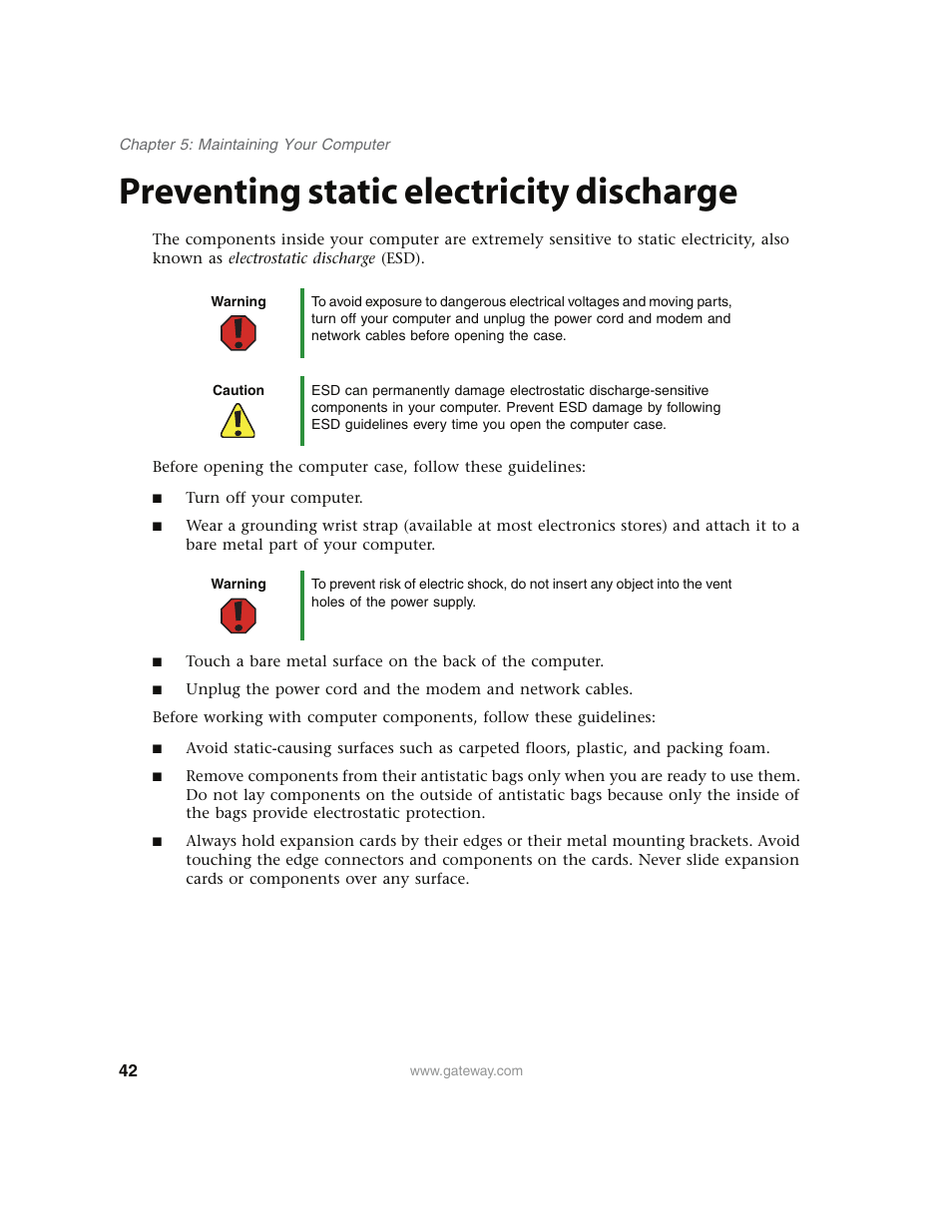 Preventing static electricity discharge | Gateway E4350 User Manual | Page 48 / 106