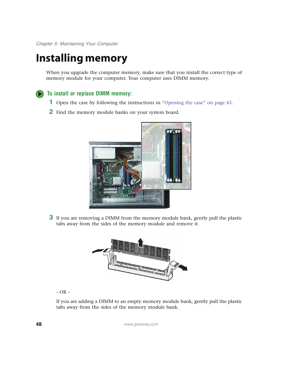 Installing memory, To install or replace dimm memory | Gateway E4350 User Manual | Page 54 / 106