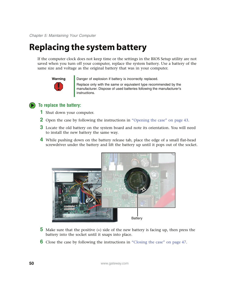 Replacing the system battery, To replace the battery | Gateway E4350 User Manual | Page 56 / 106