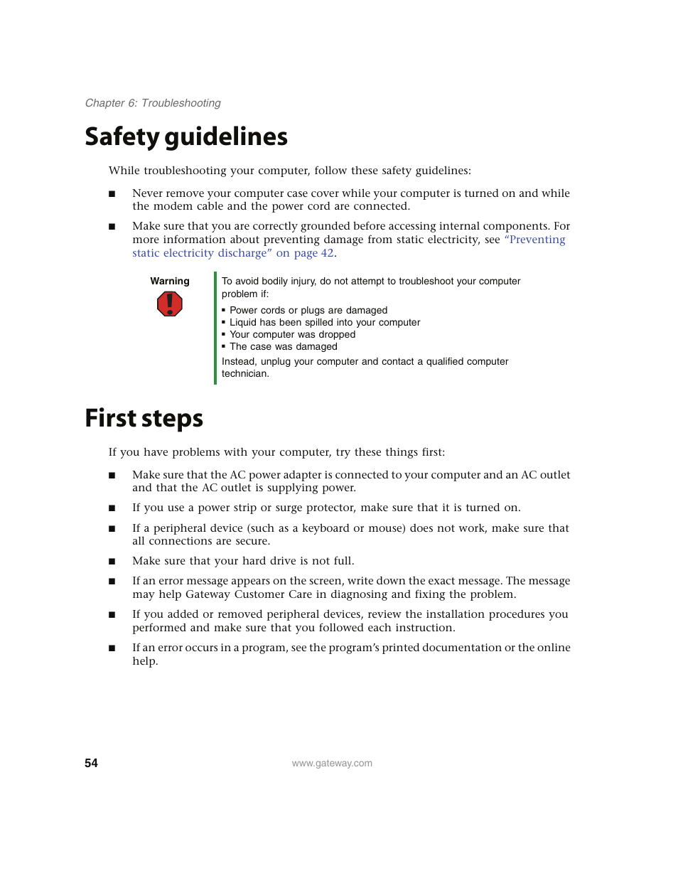 Safety guidelines, First steps, Safety guidelines first steps | Gateway E4350 User Manual | Page 60 / 106