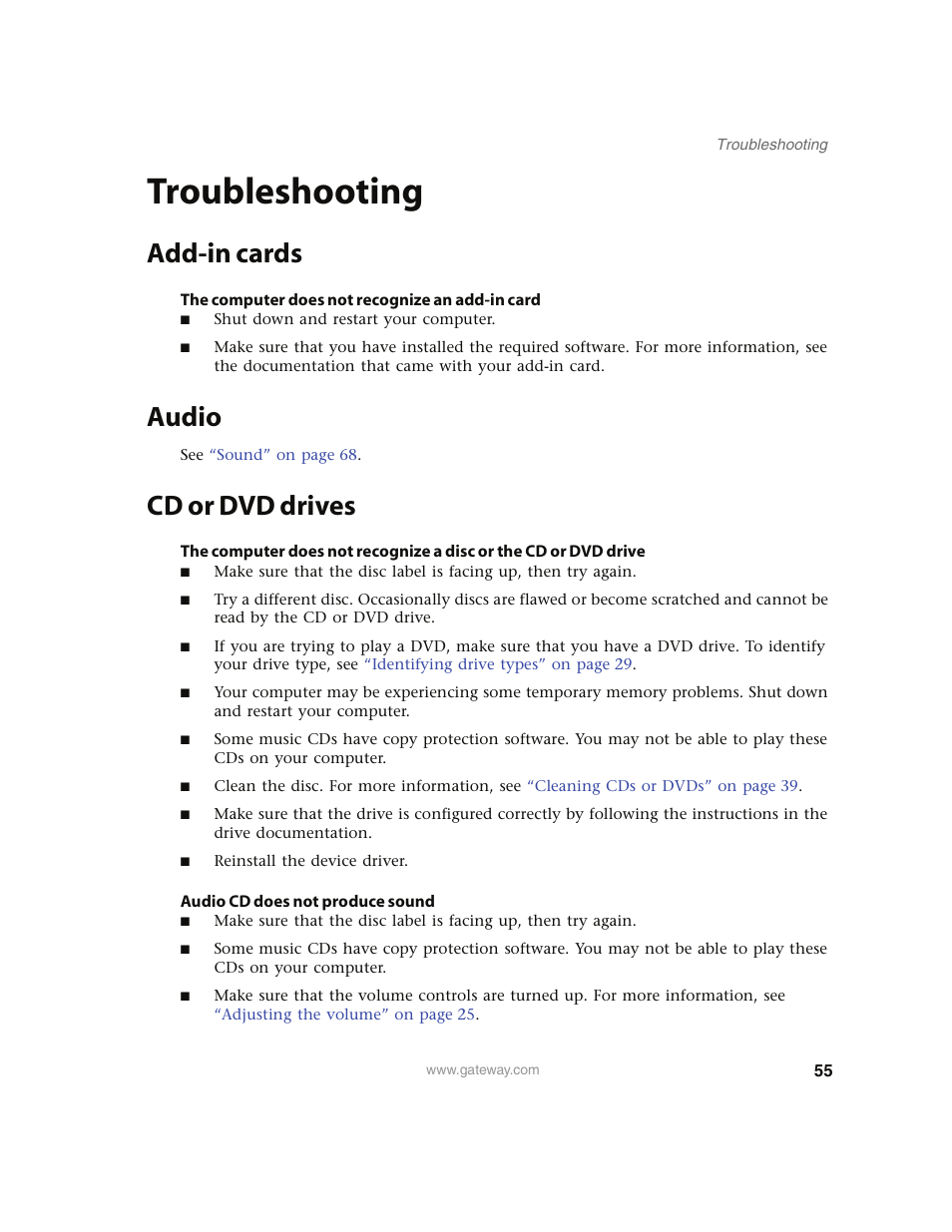 Troubleshooting, Add-in cards, The computer does not recognize an add-in card | Audio, Cd or dvd drives, Audio cd does not produce sound, Add-in cards audio cd or dvd drives | Gateway E4350 User Manual | Page 61 / 106