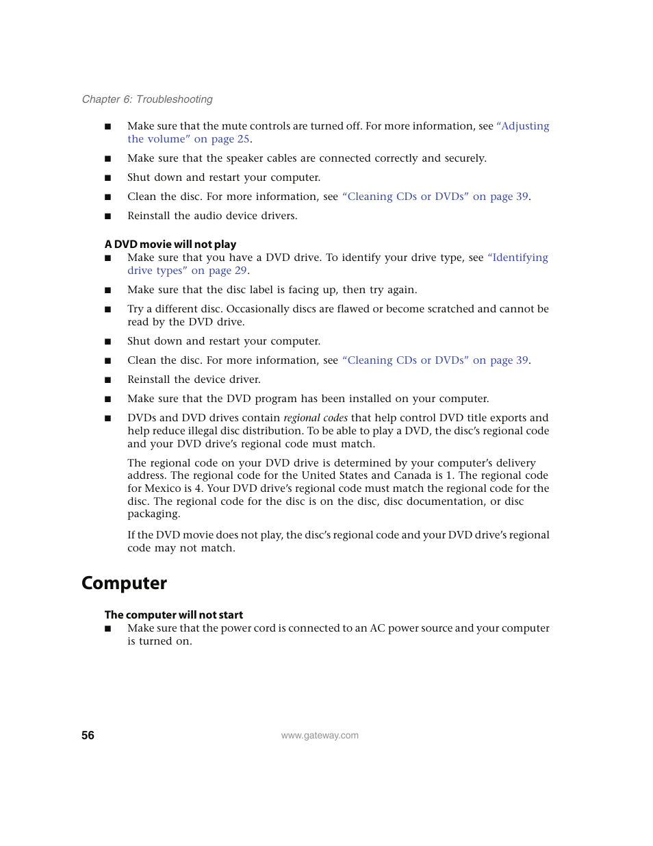 A dvd movie will not play, Computer, The computer will not start | Gateway E4350 User Manual | Page 62 / 106
