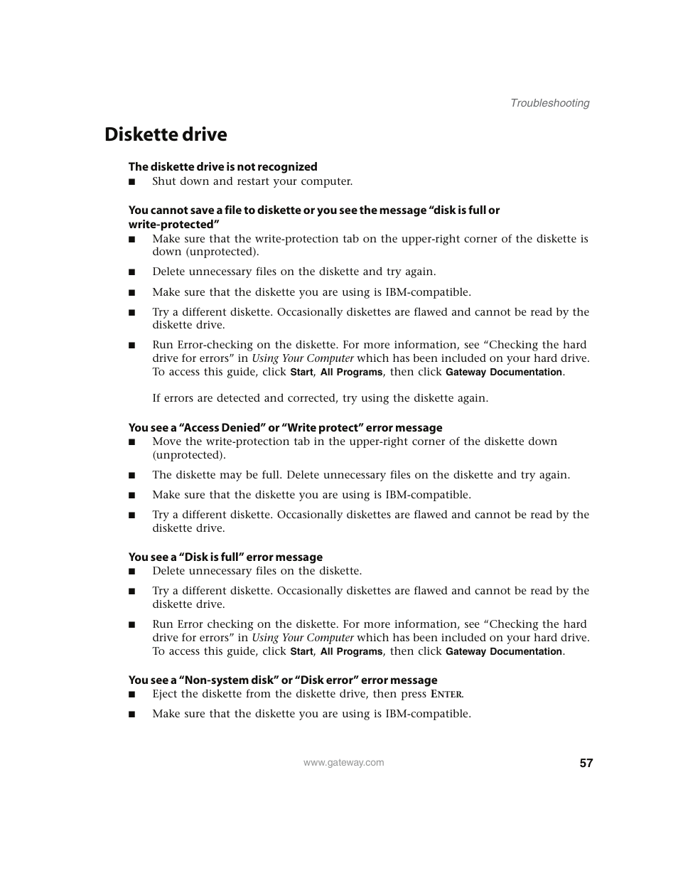Diskette drive, The diskette drive is not recognized, You see a “disk is full” error message | Gateway E4350 User Manual | Page 63 / 106