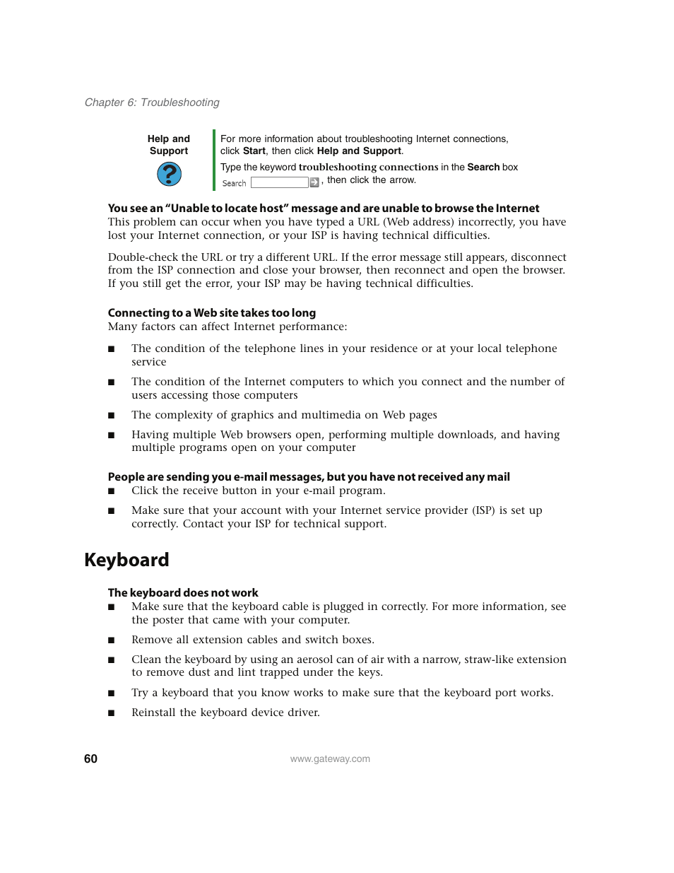 Connecting to a web site takes too long, Keyboard, The keyboard does not work | Gateway E4350 User Manual | Page 66 / 106