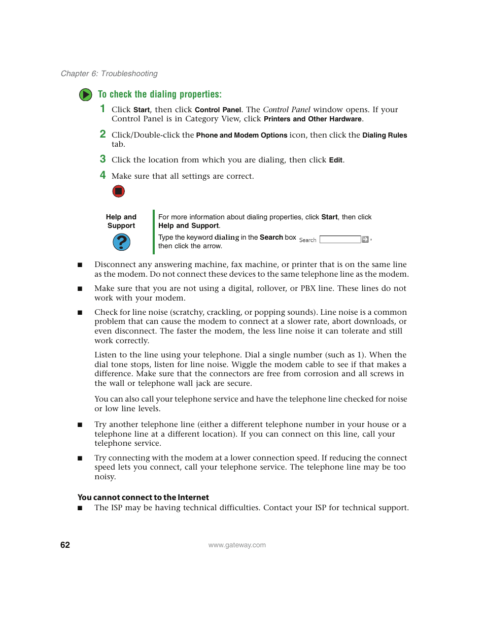 To check the dialing properties, You cannot connect to the internet | Gateway E4350 User Manual | Page 68 / 106