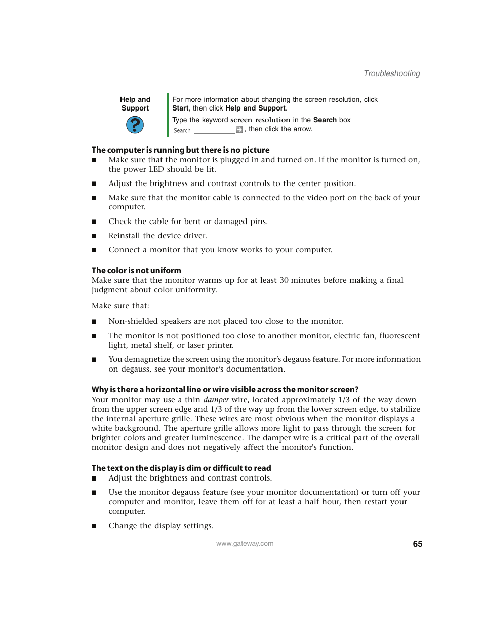 The computer is running but there is no picture, The color is not uniform | Gateway E4350 User Manual | Page 71 / 106