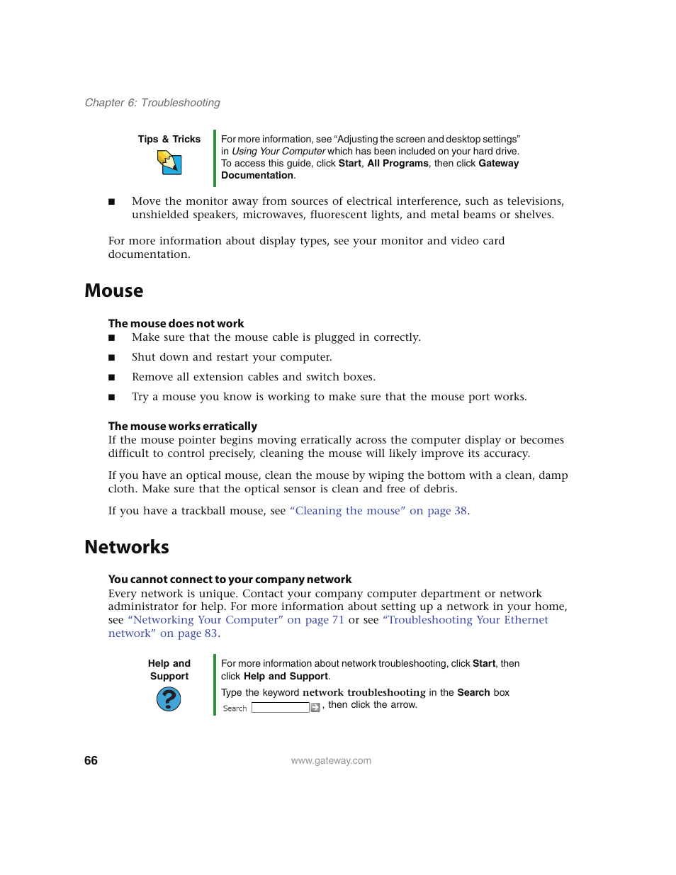 Mouse, The mouse does not work, The mouse works erratically | Networks, You cannot connect to your company network, Mouse networks | Gateway E4350 User Manual | Page 72 / 106