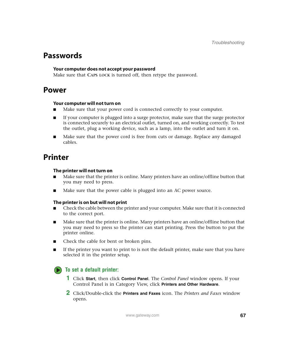 Passwords, Your computer does not accept your password, Power | Your computer will not turn on, Printer, The printer will not turn on, The printer is on but will not print, To set a default printer, Passwords power | Gateway E4350 User Manual | Page 73 / 106