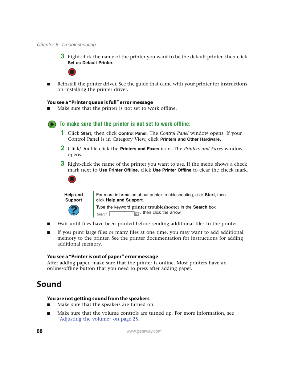 You see a “printer queue is full” error message, You see a “printer is out of paper” error message, Sound | You are not getting sound from the speakers | Gateway E4350 User Manual | Page 74 / 106