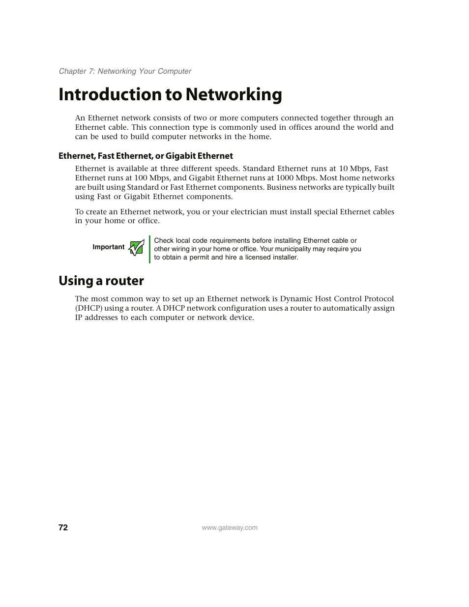 Introduction to networking, Ethernet, fast ethernet, or gigabit ethernet, Using a router | Gateway E4350 User Manual | Page 78 / 106