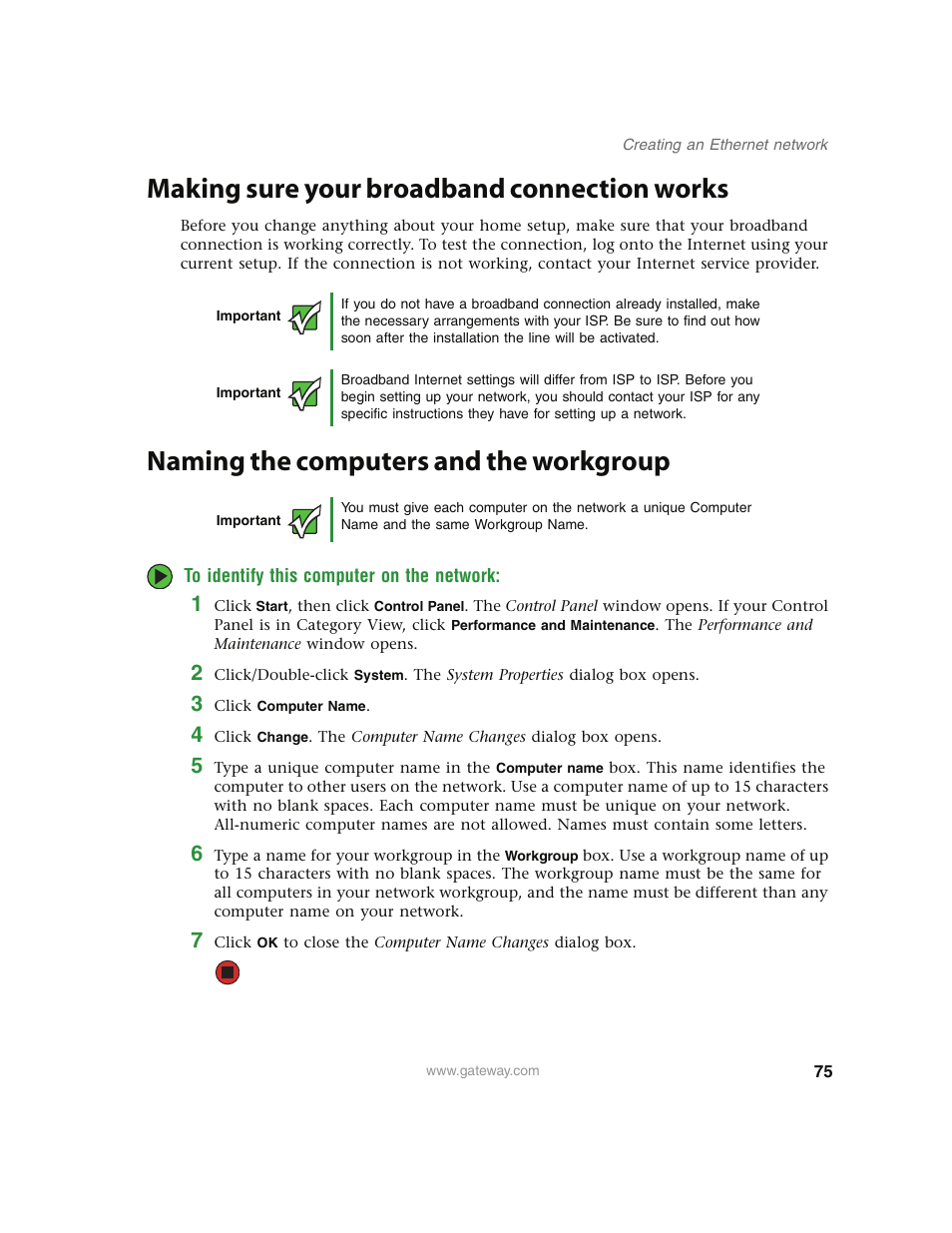 Making sure your broadband connection works, Naming the computers and the workgroup, To identify this computer on the network | Gateway E4350 User Manual | Page 81 / 106