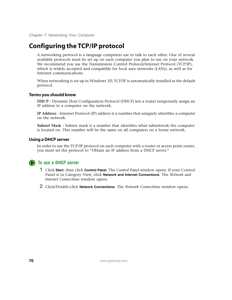 Configuring the tcp/ip protocol, Terms you should know, Using a dhcp server | To use a dhcp server | Gateway E4350 User Manual | Page 82 / 106