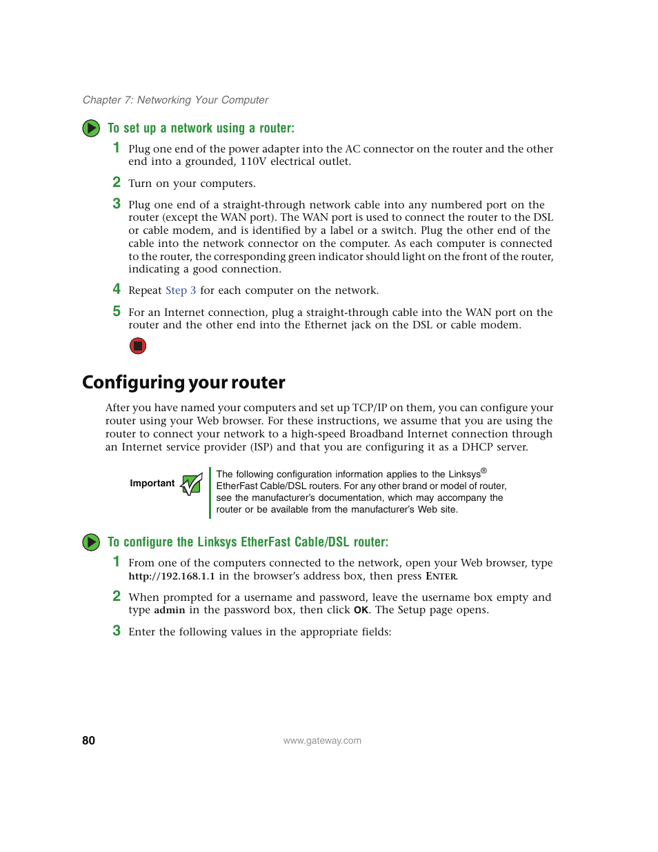 To set up a network using a router, Configuring your router | Gateway E4350 User Manual | Page 86 / 106