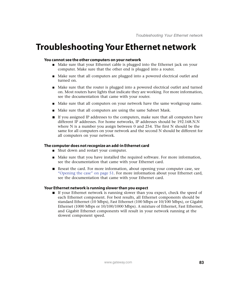 Troubleshooting your ethernet network, You cannot see the other computers on your network, Troubleshooting your ethernet | Gateway E4350 User Manual | Page 89 / 106