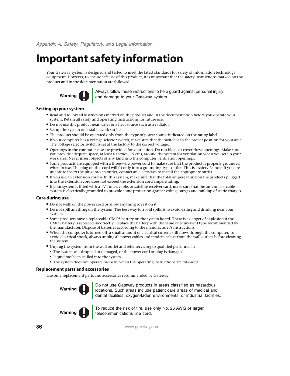 Important safety information, Setting up your system, Care during use | Replacement parts and accessories | Gateway E4350 User Manual | Page 92 / 106