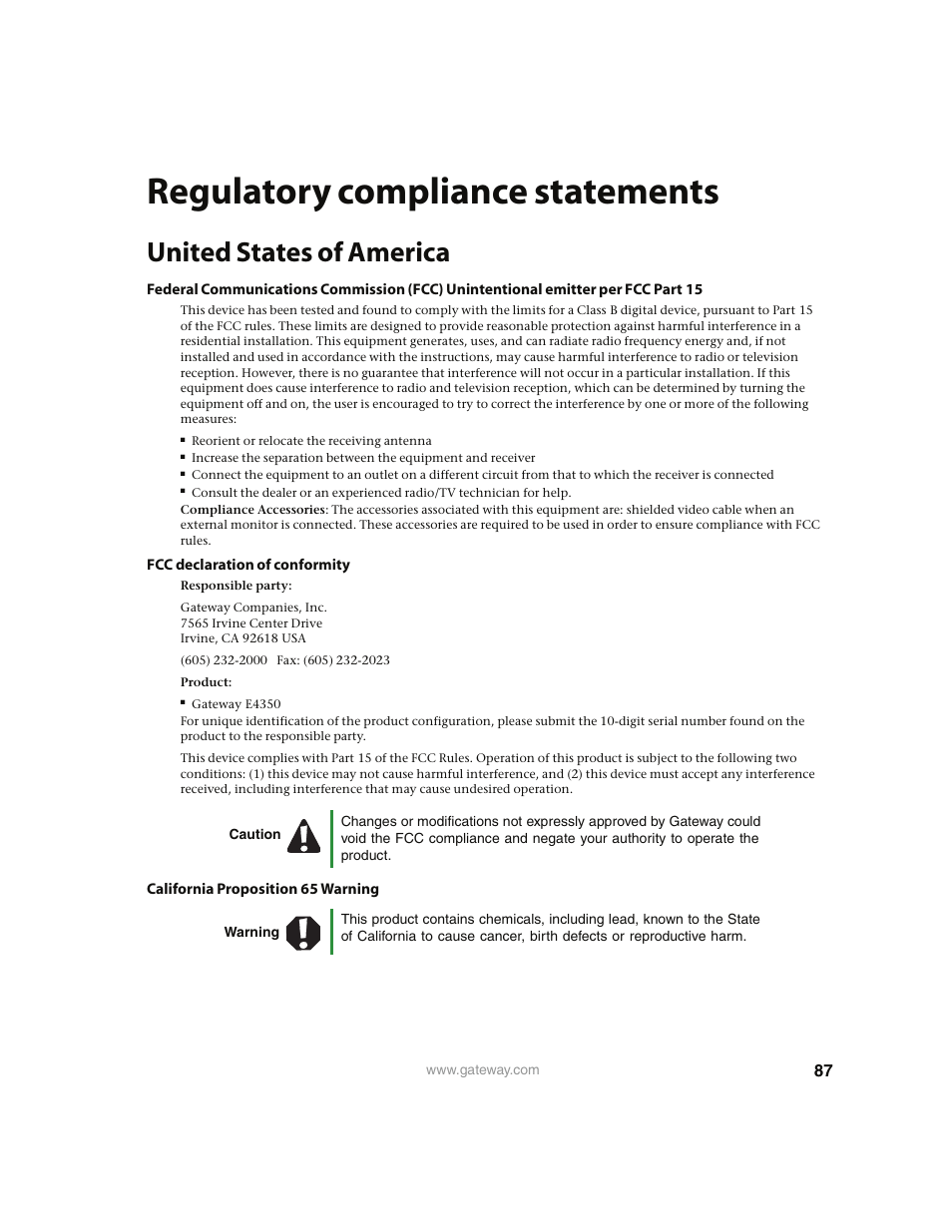 Regulatory compliance statements, United states of america | Gateway E4350 User Manual | Page 93 / 106