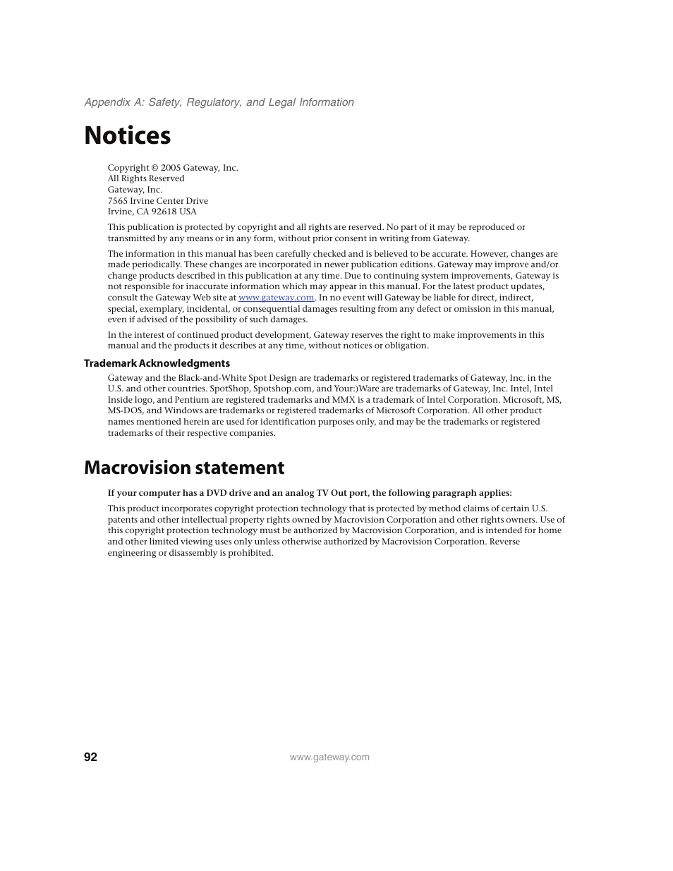 Notices, Macrovision statement | Gateway E4350 User Manual | Page 98 / 106
