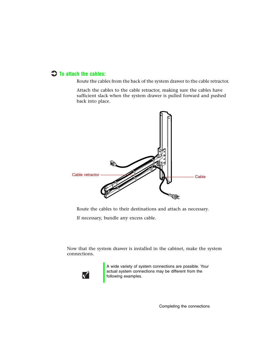 Attaching the cables to the retractor, Completing the connections | Gateway 8400 User Manual | Page 26 / 34