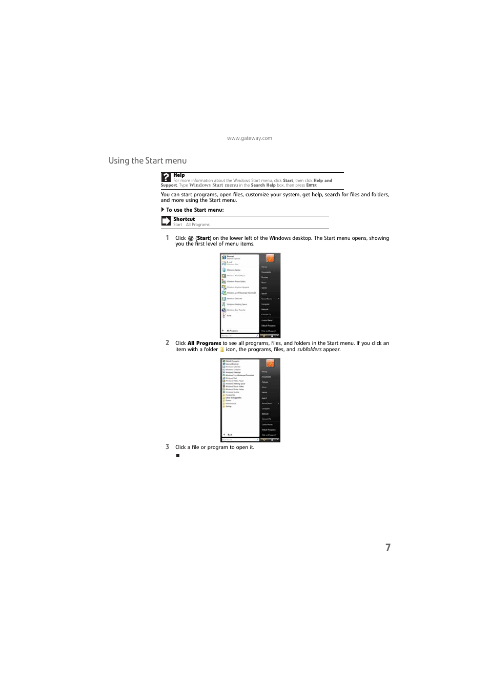 Using the start menu, To use the start menu | Gateway DX4800 User Manual | Page 13 / 94