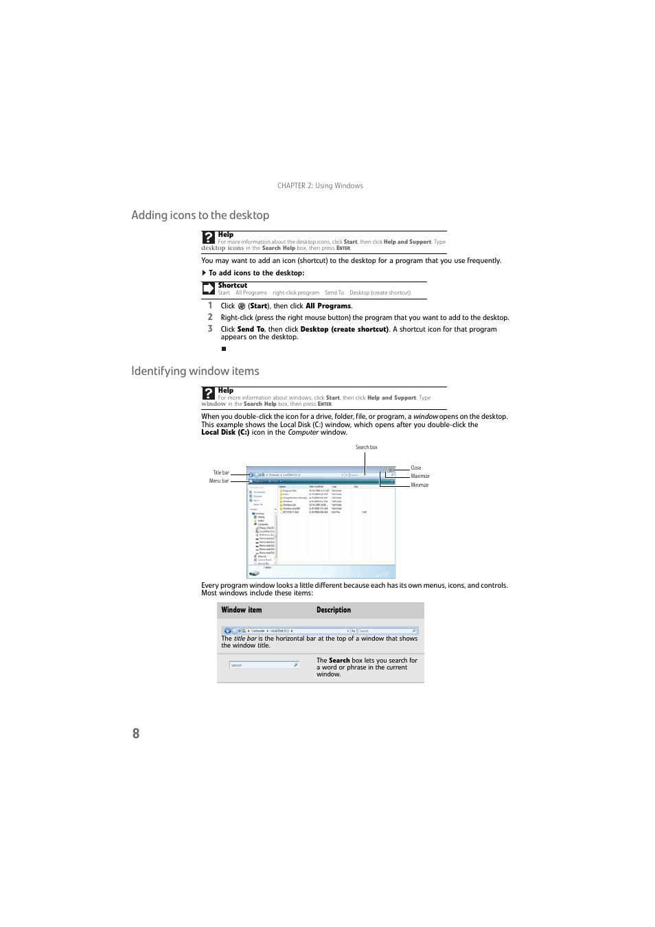 Adding icons to the desktop, To add icons to the desktop, Identifying window items | Gateway DX4800 User Manual | Page 14 / 94