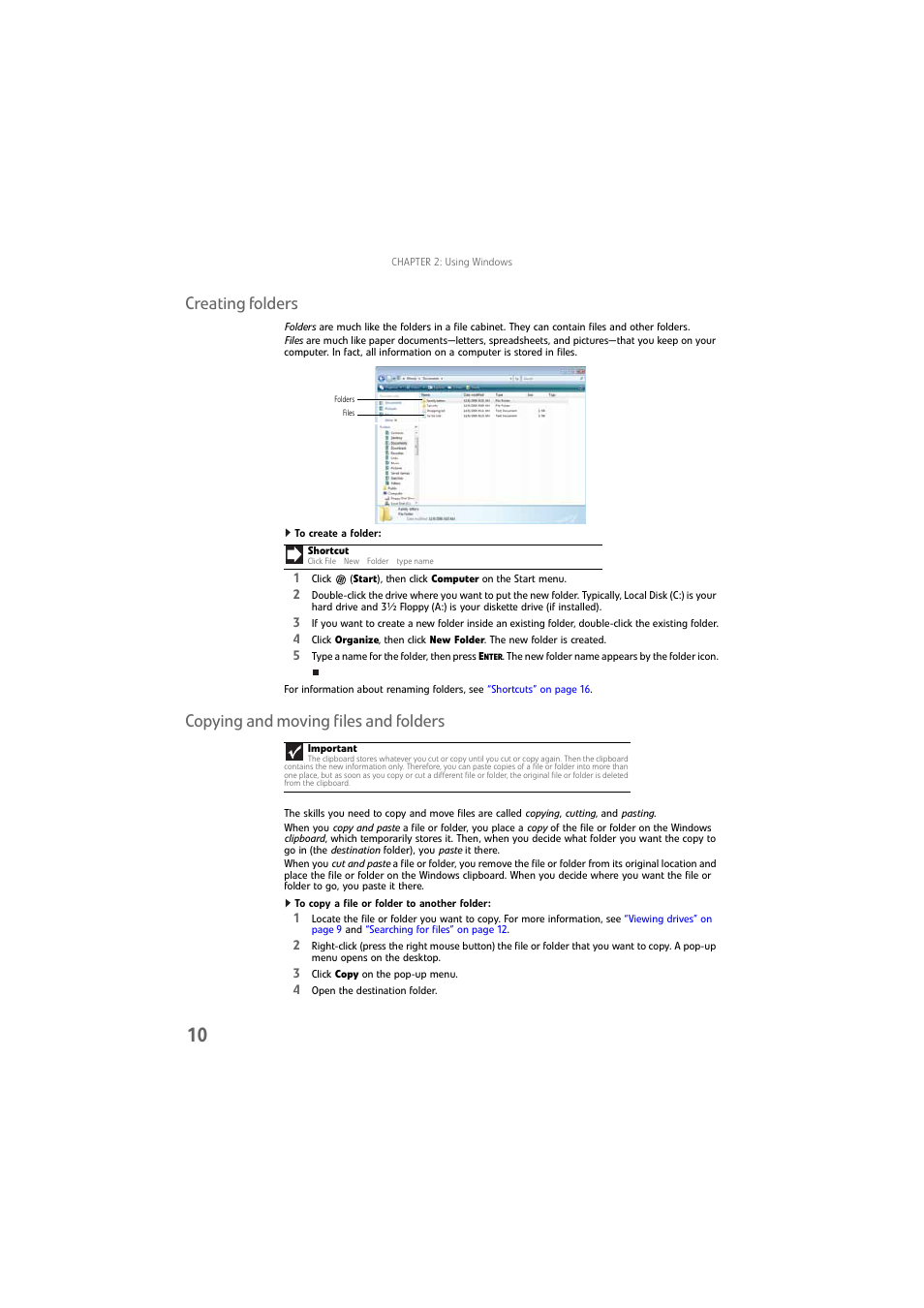Creating folders, To create a folder, Copying and moving files and folders | To copy a file or folder to another folder | Gateway DX4800 User Manual | Page 16 / 94