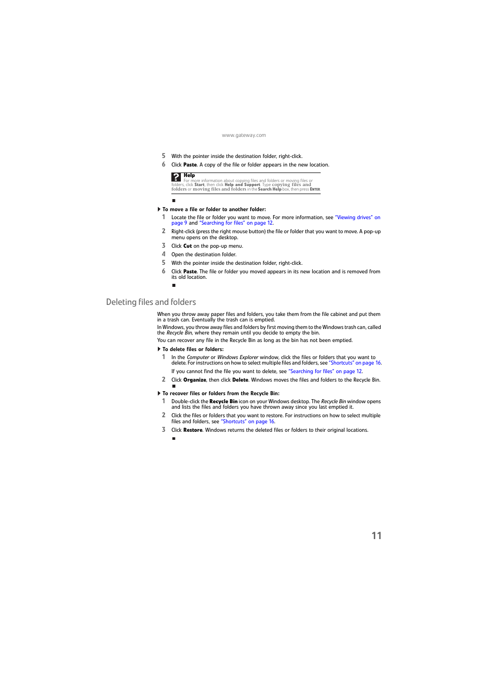 To move a file or folder to another folder, Deleting files and folders, To delete files or folders | To recover files or folders from the recycle bin | Gateway DX4800 User Manual | Page 17 / 94