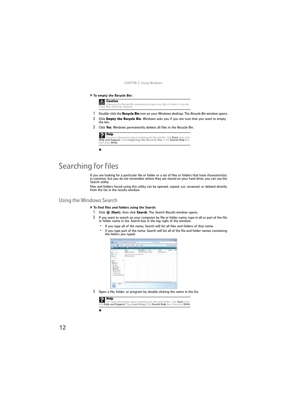 To empty the recycle bin, Searching for files, Using the windows search | To find files and folders using the search | Gateway DX4800 User Manual | Page 18 / 94