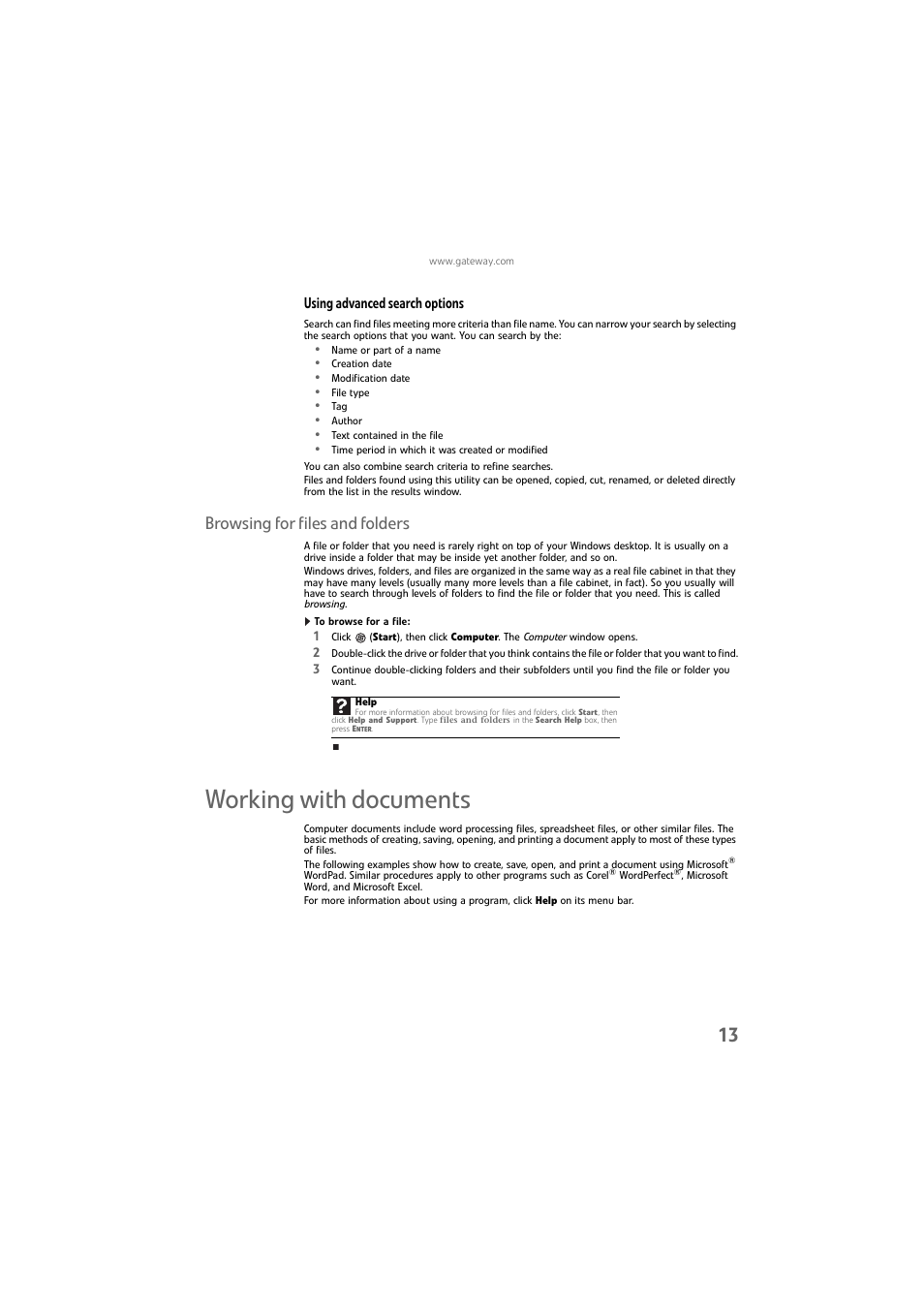 Using advanced search options, Browsing for files and folders, To browse for a file | Working with documents | Gateway DX4800 User Manual | Page 19 / 94
