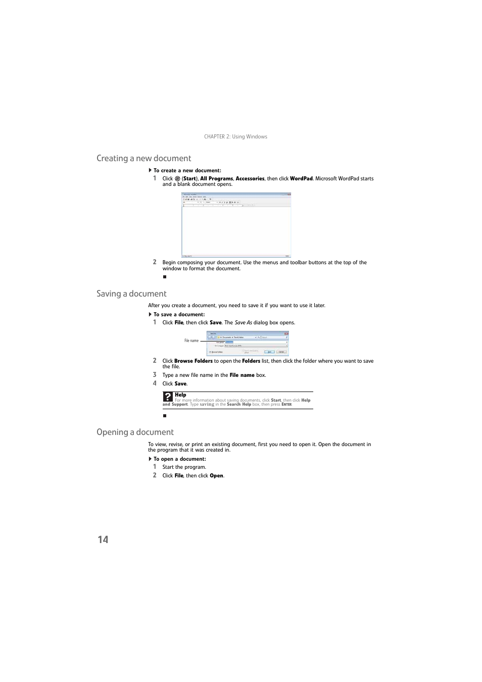 Creating a new document, To create a new document, Saving a document | To save a document, Opening a document, To open a document | Gateway DX4800 User Manual | Page 20 / 94